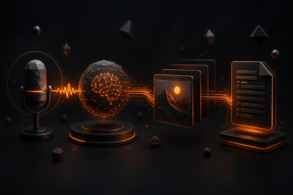 Ilustração 3D de pipeline de criação de conteúdo com IA, microfone, cérebro digital e roteiros