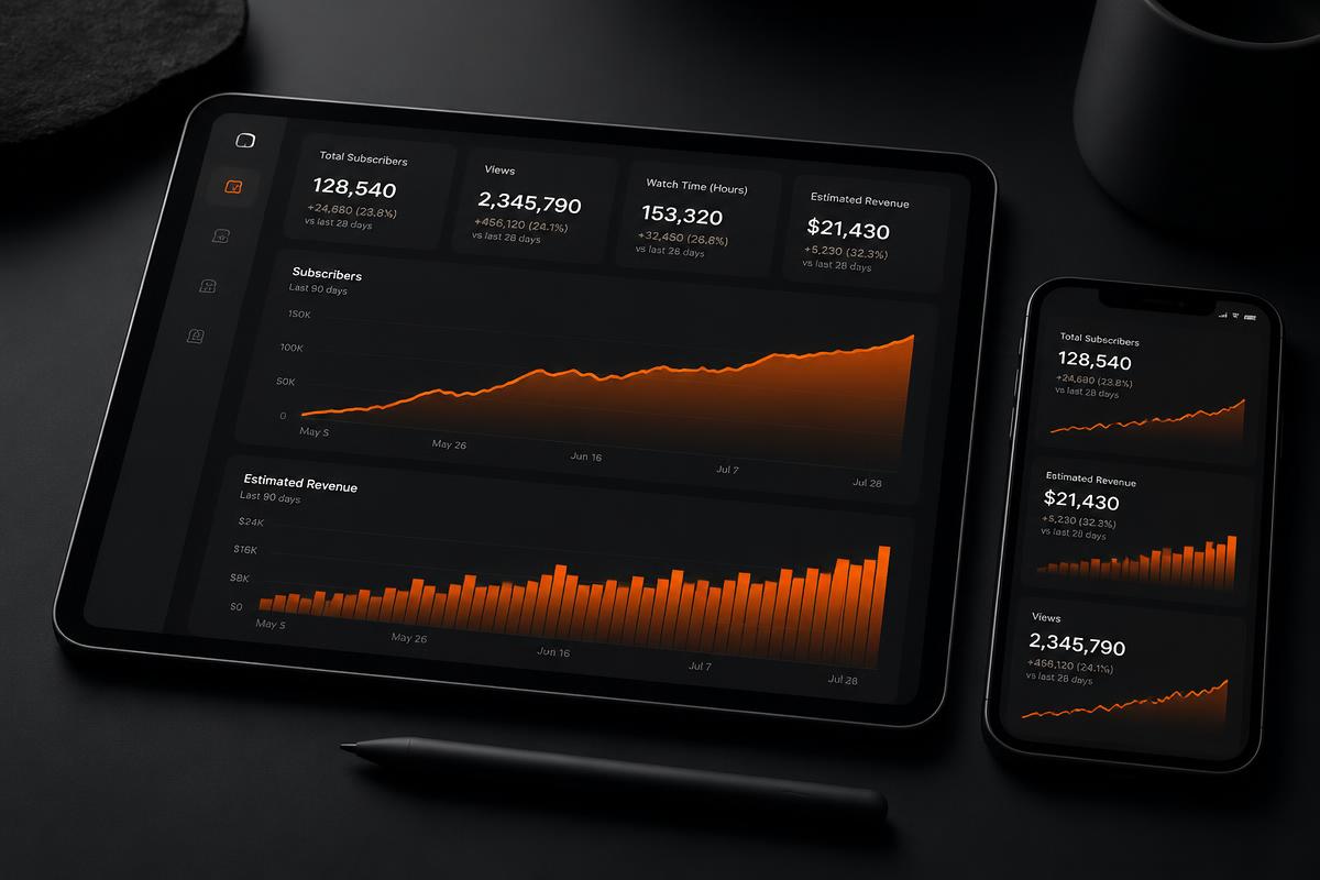 Dashboard de analytics mostrando crescimento de canal com gráficos em tons ember